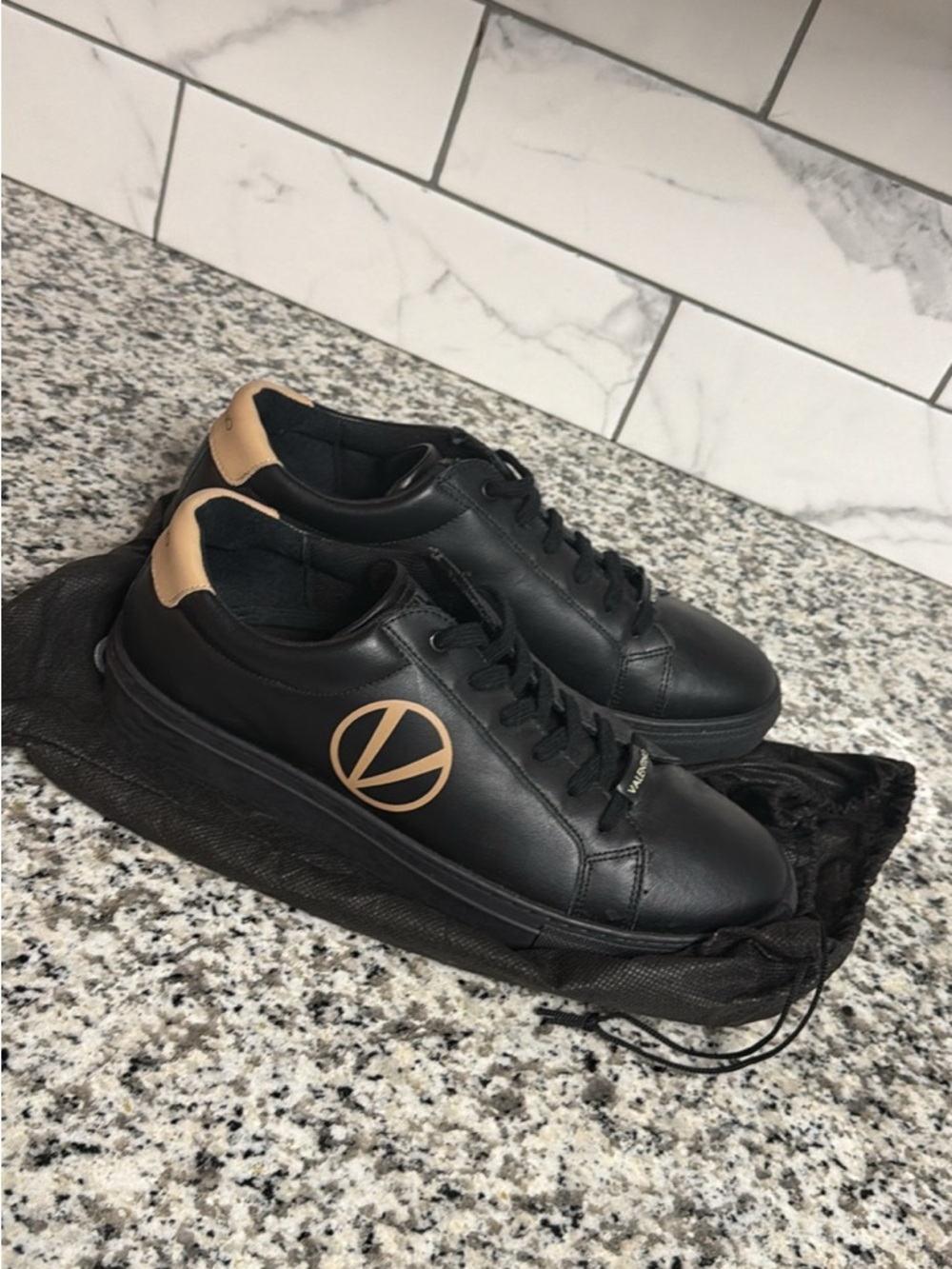 Mario Valentino Black Leather Sneakers with Tan Logo and Heel